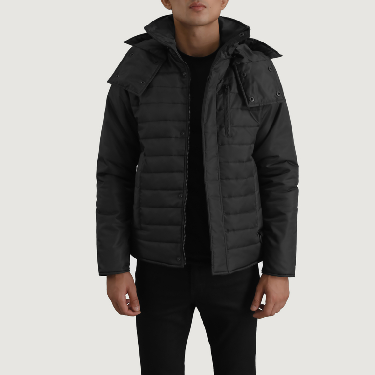 Mens Malcolm Black Hooded Puffer Jacket Open Front-4-1698747249453